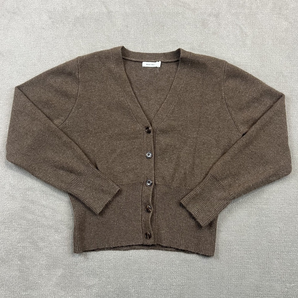 MOD REF Cardigan Sweater Womens Medium Brown V-Neck Button Front Ribbed Cropped